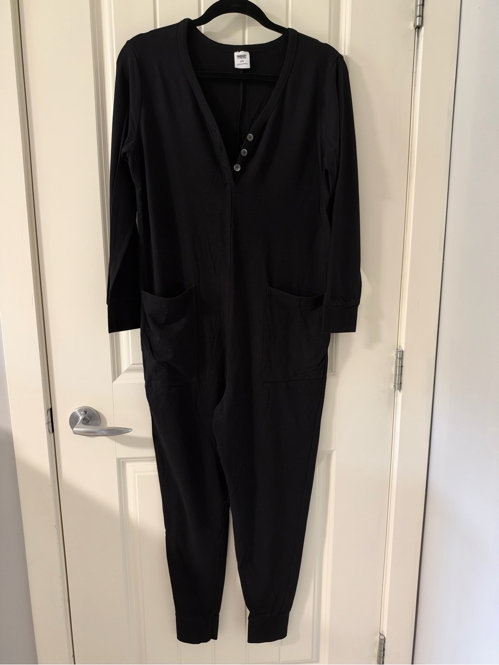 Smash + Tess Black Long-Sleeve Henley Jumpsuit with Front Pockets